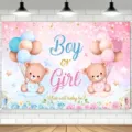 Gender reveal fotografie achtergrond met roze blauwe teddyberen en tekst Boy or Girl - Gender Reveal Beer Achtergrond (SBJ-008（069）)