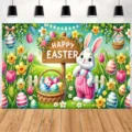 Lebendiger Oster-Fotohintergrund mit Cartoon-Hase bunten Eiern und Frühlingsblumen - Osterhase und Ei Illustration (SBJ-0011)