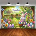 Oster-Fotohintergrund mit süßem Hasen und buntem Eier-Garten-Motiv für Kinderfotos - Ostern Thema Illustrationsstil (SBJ-0012)