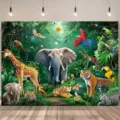 Vibrant rainforest animal backdrop featuring elephants and tigers for parties - Rainforest Animals (SBJ-0011)