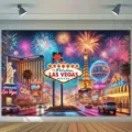 Sfondo fotografico vibrante della città notturna di Las Vegas con fuochi d'artificio e neon - Tema Las Vegas (SBJ-0014)