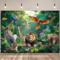Vibrant tropical rainforest animal photography backdrop with lion and elephant - Rainforest Animals (SBJ-0012)