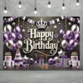 Elegant purple and silver birthday photography backdrop with balloons and cake props - SBJ-006 / 95x75cm