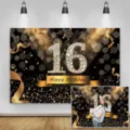 Toile de fond élégante noire et dorée pour 16e anniversaire avec diamants pailletés - Style Noir Et Or (SBJ-009) / 95x75cm