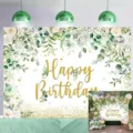 Fresh eucalyptus leaves floral happy birthday photography backdrop for party decoration - SBJ-008 / 95x75cm