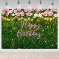 Green leaf and pink roses floral birthday photography backdrop with neon text effect - Green Leaf Floral Neon Style (SBJ-007) / 95x75cm