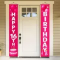 Bannières décoratives roses Joyeux 16ème Anniversaire pour décoration de porte de fête - Rose Rose Style Happy 16th Birthday (SDL-006) / 30x180cm