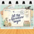 Adventure theme travel photography backdrop with world map and vintage suitcase design - Travel Adventure (SBJ-006) / 95x75cm