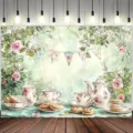 Süßer Blumen-Tee-Party-Fotohintergrund mit Aquarell-Teekanne und feinem Keks-Motiv - SBJ-0010 Stil