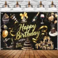 Sfondo di compleanno nero e oro con palloncini e torta per decorazioni di festa a casa - Stile Palloncino con Cupcake e Champagne (SBJ-0010) / 95x75cm