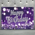 Elegant purple birthday photography backdrop with silver glitter Happy Birthday text - SBJ-007 / 95x75cm