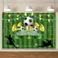 Football theme kids birthday photography backdrop with Happy Birthday banner design - Soccer Sports Silhouette Backdrop (SBJ-008) / 95x75cm