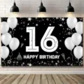 Bannière de fond élégante noire et blanche pour le 16ème anniversaire, décor de fête - Style Noir Et Blanc (SBJ-0010) / 95x75cm