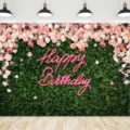 Floral green leaf wall birthday photography backdrop with pink neon Happy Birthday sign - Pattern SBJ-008 / 95x75cm