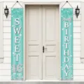 Ensemble de bannières de porte d'anniversaire pailletées bleu sarcelle pour 16 ans - Bleu Tiffany Argent Style Sweet 16 (SDL-007) / 30x180cm