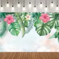 Tropical rain forest photography backdrop with palm leaves and hibiscus flowers. - Tropical Rainforest Style (SBJ-007) / 95x75cm / Green