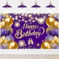 Purple and gold birthday backdrop banner with balloons and fireworks decorations - SBJ-008 (090) / 95x75cm