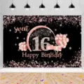 Toile de fond Joyeux 16ème Anniversaire avec paillettes or rose et ballons décoratifs - Style Paillettes Noir Rose (SBJ-0011) / 95x75cm