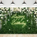 Greenery wall birthday backdrop with white roses and Happy Birthday sign - SBJ-009 / 95x75cm