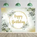 Eucalyptus birthday photography backdrop with golden glitter Happy Birthday circle - Eucalyptus Leaves Style (SBJ-0010) / 95x75cm