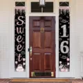 Bannières de fête Sweet 16 rose pailleté pour une décoration de porte extérieure - Paillettes Rose Noir Style Sweet 16 (SDL-009) / 30x180cm