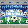 Soccer themed Happy Birthday photo backdrop for kids sports party decoration and banners - Soccer Theme Style (SBJ-009) / 95x75cm