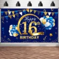 Fond de photographie pour 16e anniversaire bleu marine et or avec ballons et drapeaux - Style Bleu Marine Or (SBJ-0012) / 95x75cm