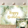 Green eucalyptus birthday backdrop with Happy Birthday gold glitter text for parties. - Eucalyptus Happy Birthday (SBJ-0011) / 95x75cm