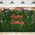 Lush green leaves birthday photography backdrop with floral border and neon text - Natural Garden Neon Style (SBJ-0010) / 95x75cm