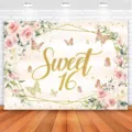 Fond de photographie d'anniversaire Sweet 16 avec roses et papillons dorés scintillants - Style Papillon Fleuri Rose (SBJ-0013) / 95x75cm
