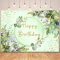 Fresh green eucalyptus leaves birthday party backdrop with golden glitter Happy Birthday lettering - SBJ-0012 / 95x75cm