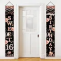 Bannières de porte décoratives Sweet 16 anniversaire or rose et noir pour célébrations - Rose Or Noir Style Sweet 16 (SDL-0012) / 30x180cm
