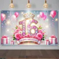 Toile de fond 16e anniversaire rose et bleu avec couronne, roses et ballons - Style Rose Couronne Rose Bleu (SBJ-0014) / 95x75cm