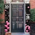 Bannières de porte élégantes pour 16e anniversaire avec ballons roses et texte Cheers - Rose Noir Style Cheers to 16 Years (SDL-0013) / 30x180cm