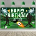 Vibrant football theme birthday backdrop with soccer player silhouettes and trophy. - Soccer Theme Backdrop (SBJ-0012) / 95x75cm