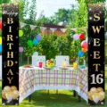 Bannières de fête Sweet 16 avec design pailleté doré pour décoration de porche - Noir Or Style Happy Birthday Sweet 16 (SDL-0014) / 30x180cm