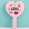 Cute pink heart-shaped handheld makeup mirror with girl graphic for daily vanity. - 13x18.5CM / Lipstick Lip Print