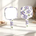 Portable handheld square mirror with embossed purple floral design on white base - Floral Spatula Handle Mirror / 13x23cm / Purple