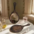Vintage bronze handheld makeup mirror with ornate floral patterns for dressing table vanity - L / Bronze