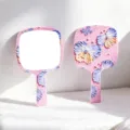 Square handheld mirror featuring pink 3D textured floral pattern and butterfly design - Floral Spatula Handle Mirror / 13x23cm / Pink