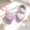 Purple glitter heart-shaped portable hairbrush and mirror set with cute beaded charm - 7.5*8 Heart Mirror Comb / Translucent Purple (With Pattern + Accessories)