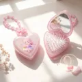 Pink glitter heart-shaped hairbrush with mirror and matching bead charm - 7.5*8 Heart Mirror Comb / Translucent Pink (With Pattern + Accessories)