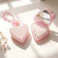 Portable heart-shaped hair brush and mirror set in glitter pink with pearl handle - 7.5*8 Heart Mirror Comb / Translucent Pink (With Accessories)