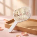 Handheld makeup mirror with elegant floral oil painting pattern and ergonomic irregular handle - Milk Tea Pink Thick Rose / 12x20cm