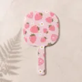 Pink handheld makeup mirror featuring a cute strawberry and daisy print cartoon pattern - Strawberry Milk