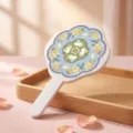 Traditional Chinese style handheld makeup mirror with rabbit and floral design on wooden tray - Creamy White Daisy Lily of the Valley / 12x20cm
