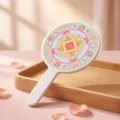 Elegant Chinese style floral patterned handheld round makeup mirror with white handle - Pink Lotus Pattern