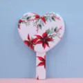 Detailed view of heart-shaped handheld makeup mirror with red poinsettia floral patterns - 12.5cm*18cm / Traditional Watercolor