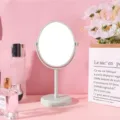 Minimalist rotating desktop makeup mirror with light green round frame and stable base - Large (Double-Sided 2x Zoom) / Light Green