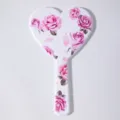 Cute heart-shaped handheld mirror with elegant pink rose floral pattern for makeup - Flower Buds / 10.5*18cm